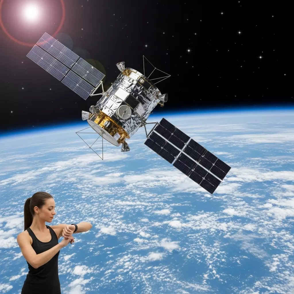 Mulher usando GPS, imagem de um satélite