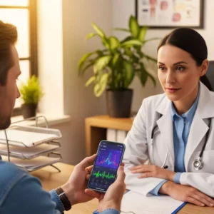 Essa imagem retrata um paciente mostrando os dados de sono do seu smartwatch para um médico, reforçando a mensagem de que a tecnologia é uma ferramenta de triagem que incentiva a busca por um diagnóstico profissional.