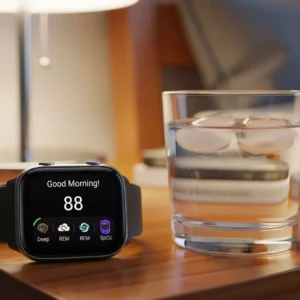 Uma visão diferente do monitoramento: o smartwatch em uma mesa de cabeceira exibindo uma saudação de "Bom dia!" com o resumo da pontuação e qualidade do sono da noite anterior.