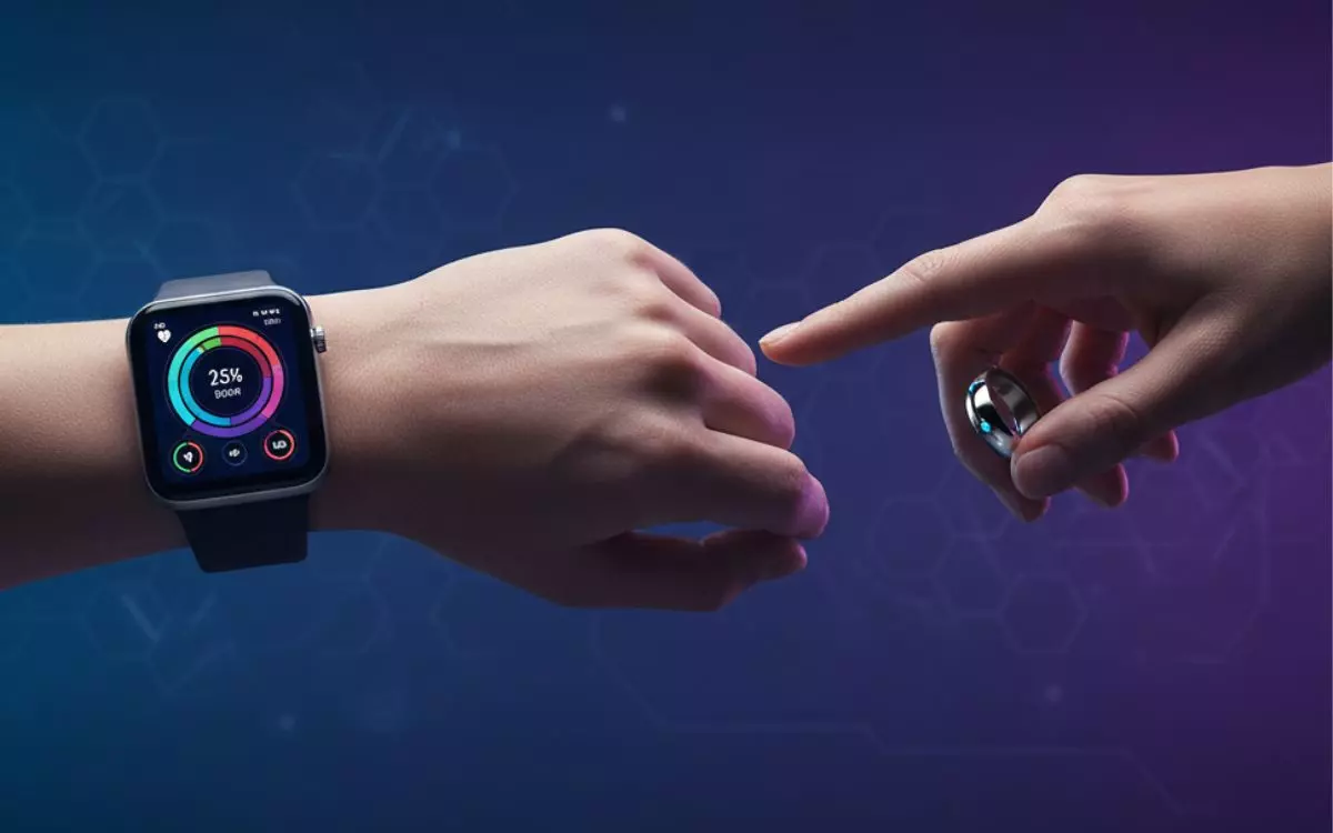 Um smartwatch cinza-escuro no pulso esquerdo de uma pessoa, exibindo um mostrador colorido com gráficos de saúde. A mão direita de outra pessoa aponta com o dedo indicador para a tela do smartwatch, enquanto usa um anel inteligente prateado com três LEDs azuis no dedo médio. O fundo é um degradê de azul e roxo com um padrão hexagonal sutil.