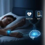 Uma imagem conceitual que ilustra como os sensores do smartwatch (frequência cardíaca e SpO2) coletam dados durante o sono e os enviam para análise, explicando a tecnologia de forma visual e intuitiva.