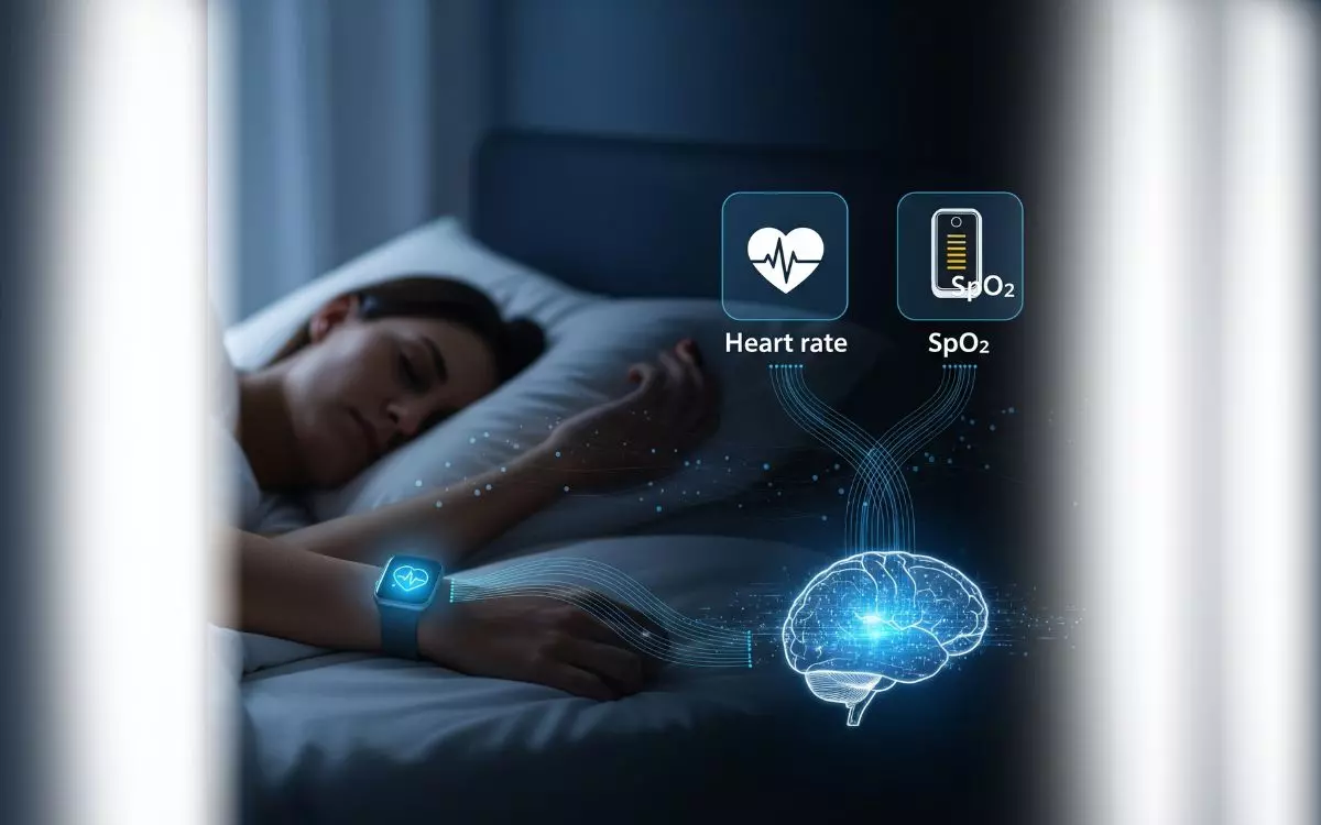 Uma imagem conceitual que ilustra como os sensores do smartwatch (frequência cardíaca e SpO2) coletam dados durante o sono e os enviam para análise, explicando a tecnologia de forma visual e intuitiva.