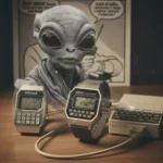 Uma figura alienígena futurista observando relógios precursores da tecnologia vestível, como o Seiko Data 2000, simbolizando a longa história do smartwatch.