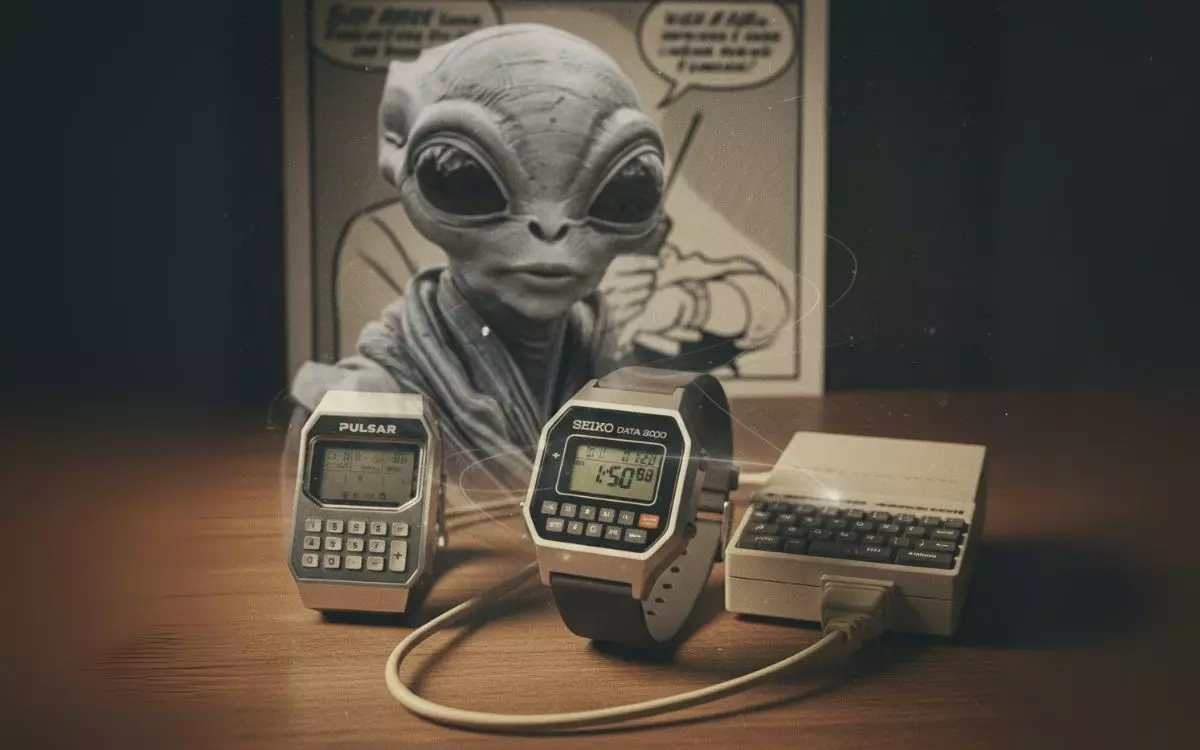 Uma figura alienígena futurista observando relógios precursores da tecnologia vestível, como o Seiko Data 2000, simbolizando a longa história do smartwatch.