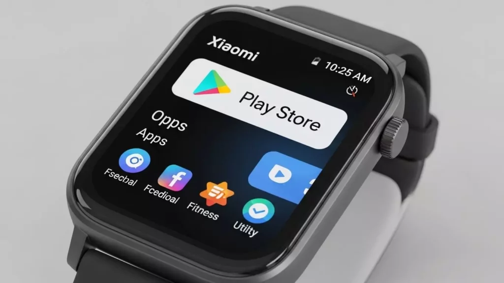 Interface do Wear OS no Xiaomi Watch 2 mostrando a Google Play Store, ideal para quem busca o melhor smartwatch xiaomi 2025 com aplicativos.