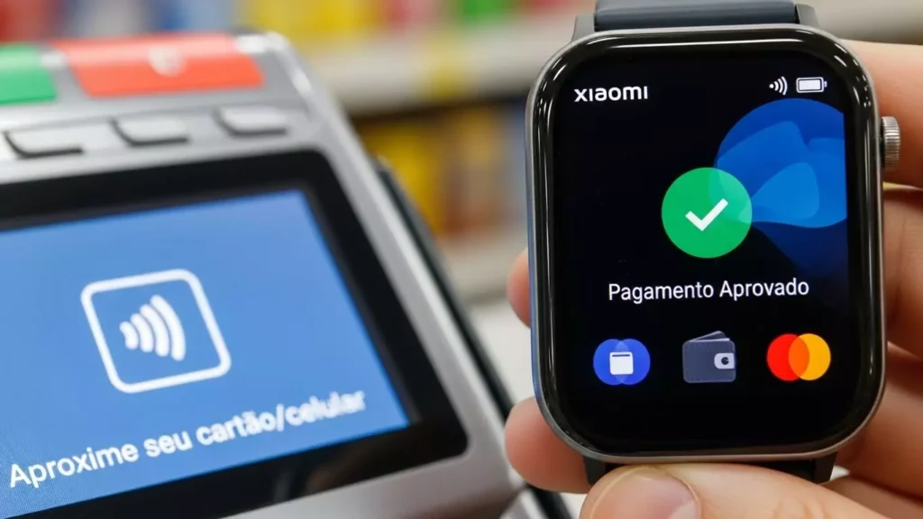 Smartwatch Xiaomi realizando pagamento por aproximação NFC em uma máquina de cartão no Brasil, destacando a funcionalidade de carteira digital.
