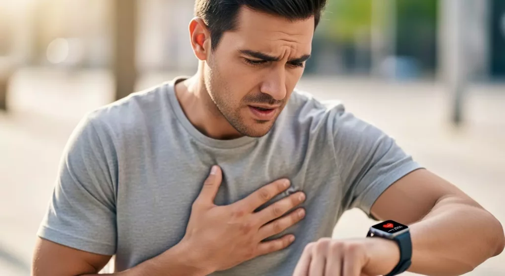 Um senhor com a mão no peito, com cara de dor, e olhando no seu smartwatch
