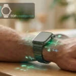 Mostra o momento exato em que o wearable está "lendo" o corpo do usuário, com dados visuais que sugerem uma análise profunda.