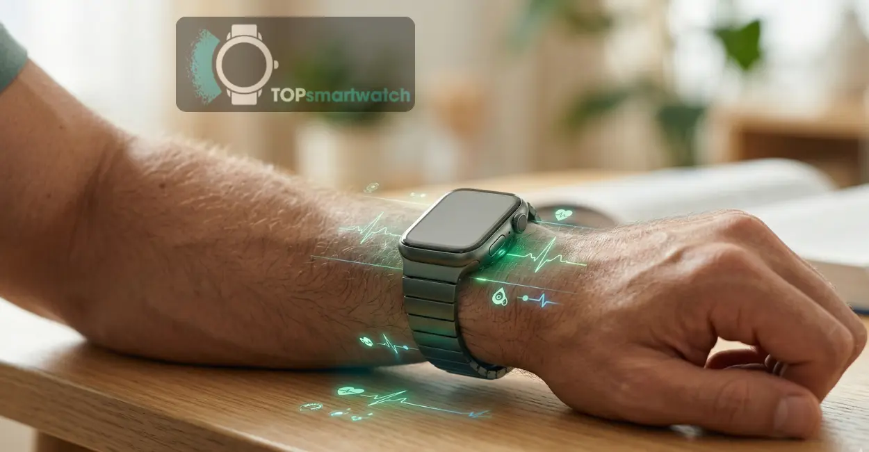 Mostra o momento exato em que o wearable está "lendo" o corpo do usuário, com dados visuais que sugerem uma análise profunda.