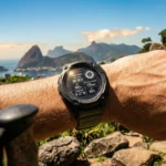 um close dinâmico do Garmin Instinct 3 Supernova no pulso, capturado em um cenário que une a robustez do "tanque de guerra" à beleza do Brasil (com o Pão de Açúcar ao fundo). A luz do sol está bem forte, realçando a tela solar do relógio e a paisagem vibrante
