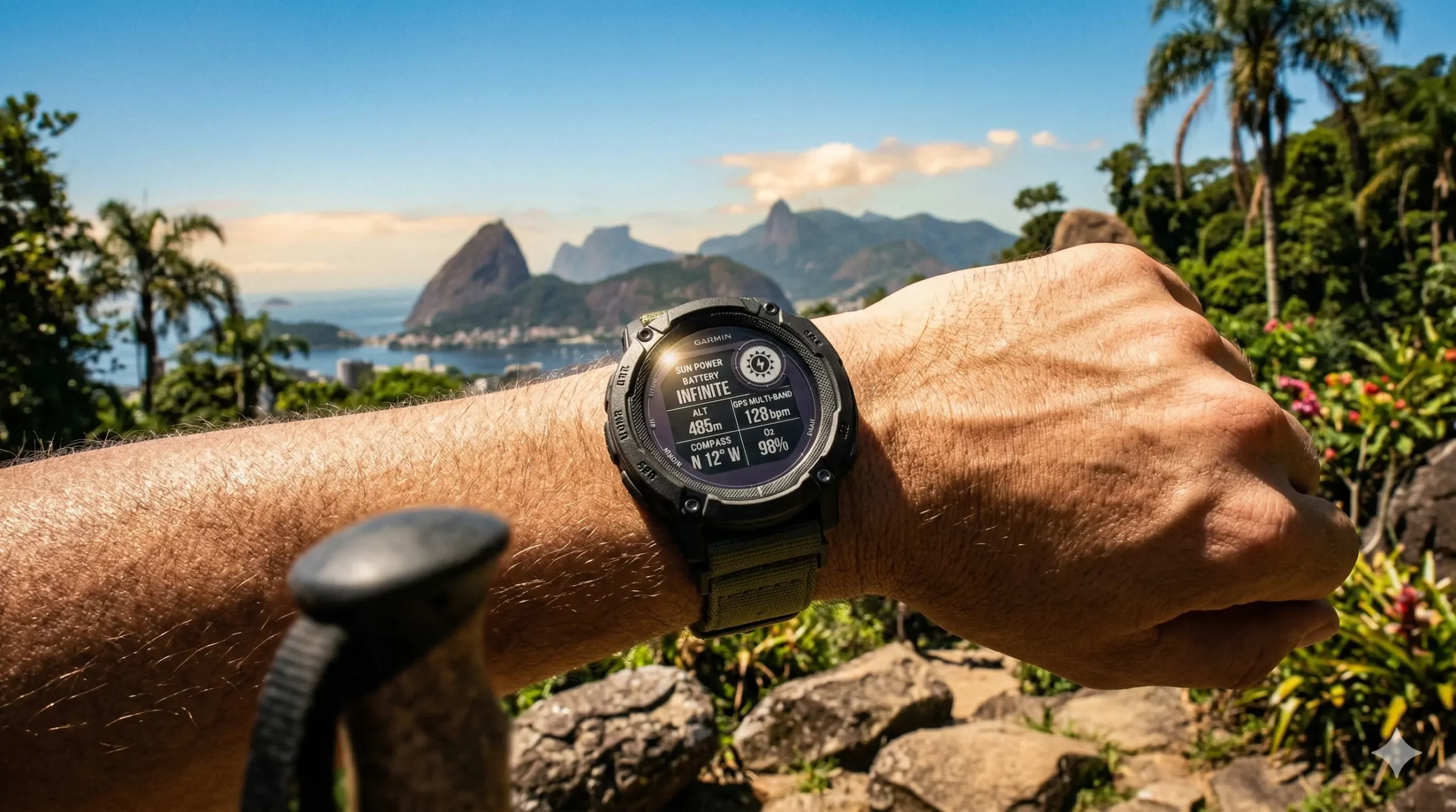um close dinâmico do Garmin Instinct 3 Supernova no pulso, capturado em um cenário que une a robustez do "tanque de guerra" à beleza do Brasil (com o Pão de Açúcar ao fundo). A luz do sol está bem forte, realçando a tela solar do relógio e a paisagem vibrante