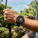 A imagem retrata o smartwatch no pulso de um atleta em uma trilha com a exuberante Mata Atlântica e o oceano ao fundo, em um cenário claramente brasileiro sob luz solar natural. A tela está iluminada, mostrando uma interface de treino com os dizeres "CORRIDA DE TRILHA"