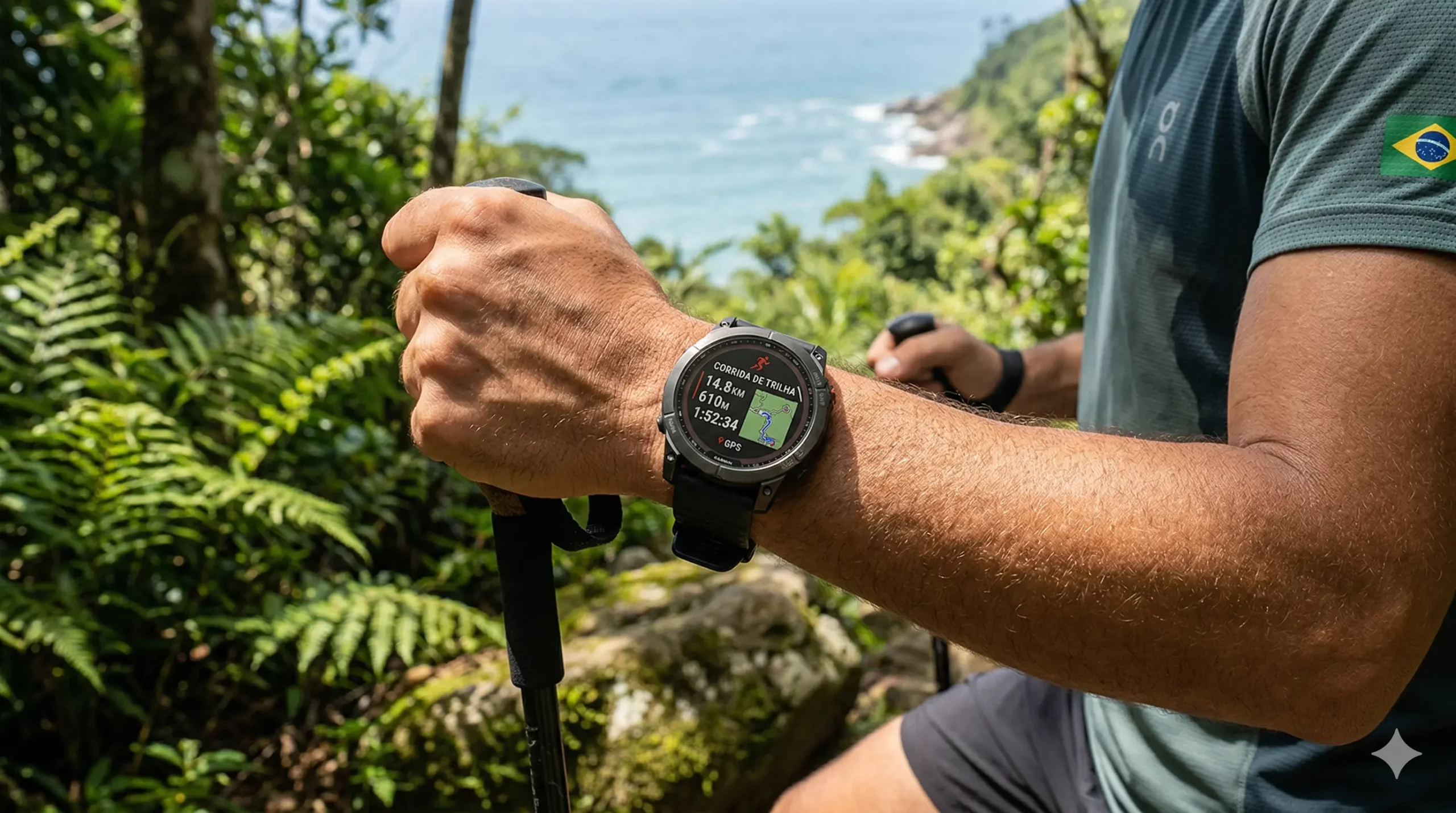 A imagem retrata o smartwatch no pulso de um atleta em uma trilha com a exuberante Mata Atlântica e o oceano ao fundo, em um cenário claramente brasileiro sob luz solar natural. A tela está iluminada, mostrando uma interface de treino com os dizeres "CORRIDA DE TRILHA"