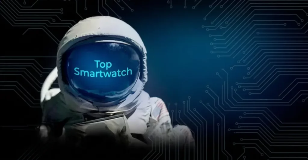 Um Astronauta escrito no visor do Top Smartwatch e com o fundo de circuito de computador 