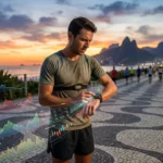 Um corredor amador no calçadão de Copacabana, está parando o treino e olhando fixamente para o relógio.