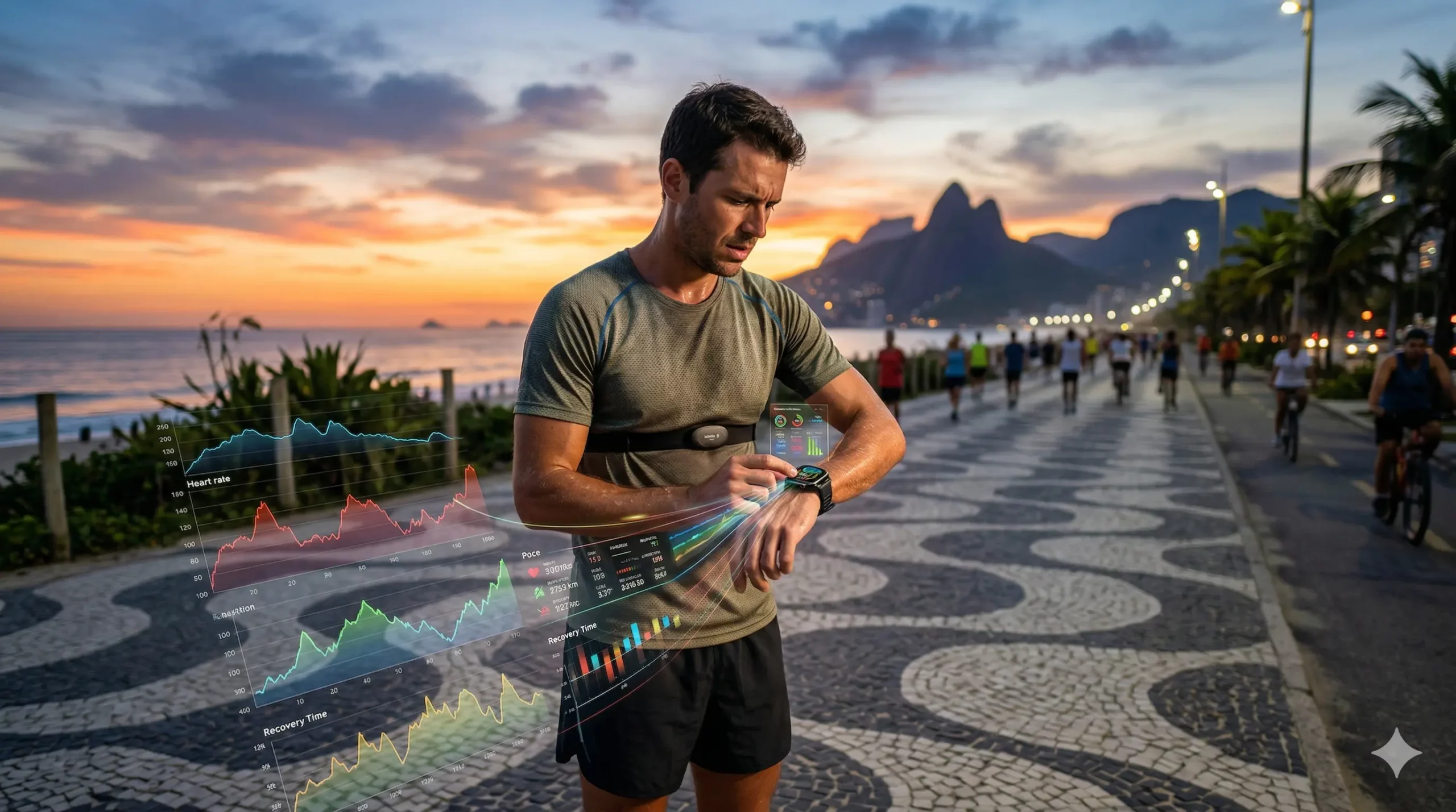 Um corredor amador no calçadão de Copacabana, está parando o treino e olhando fixamente para o relógio.