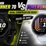 Comparativo entre os smartwatches Garmin Forerunner 70 e Forerunner 170 com destaque para design, GPS, bateria, desempenho e recursos fitness em 2026.