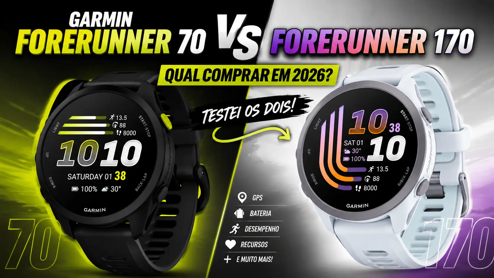 Comparativo entre os smartwatches Garmin Forerunner 70 e Forerunner 170 com destaque para design, GPS, bateria, desempenho e recursos fitness em 2026.